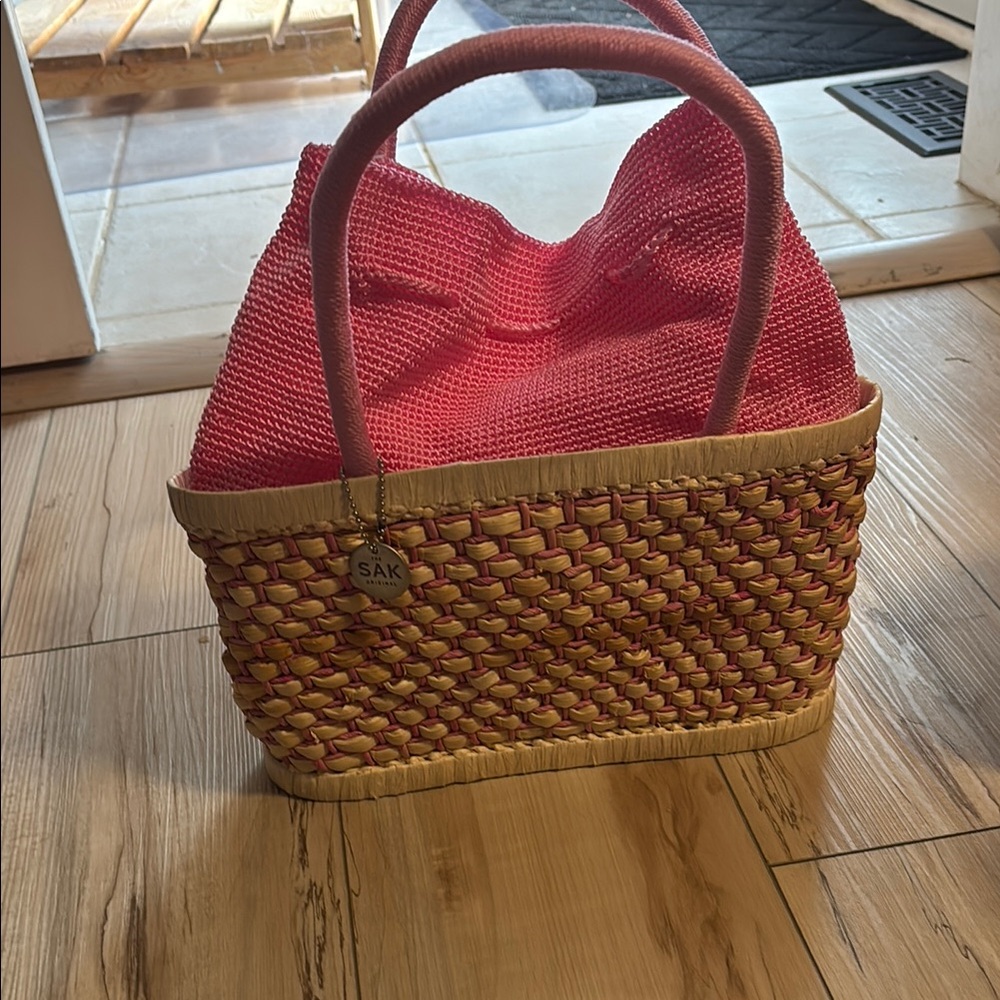 The Sak Pink and Tan Tote Bag with Woven Design